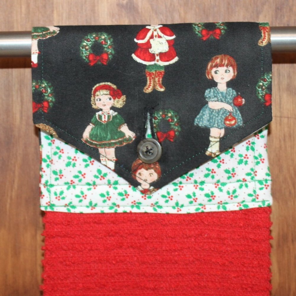 CHRISTMAS VINTAGE PAPER DOLLS BLACK, WHITE & GREEN HANDMADE HANGING HAND TOWEL